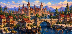 A walled city with a stone bridge